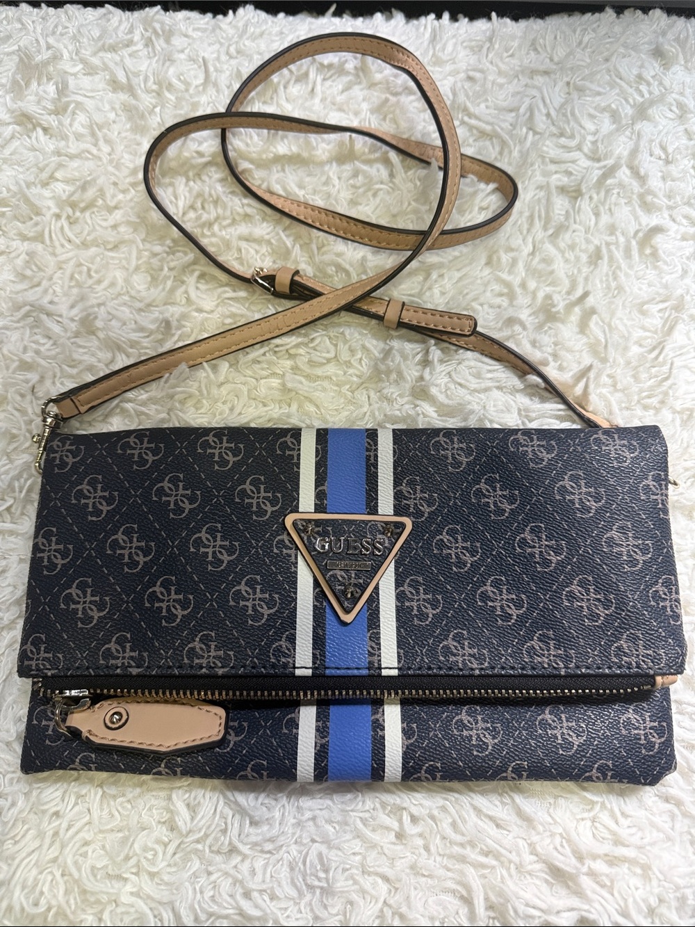 GUESS Brown Monogram Messenger Bag with Blue and White Stripes